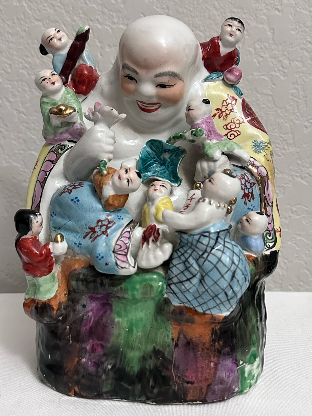 Vintage Porcelain Laughing Buddha with Children